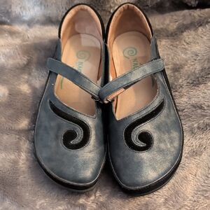 Naot Matai Blue/Black Leather Mary Jane Flats with Swirl Cutouts
